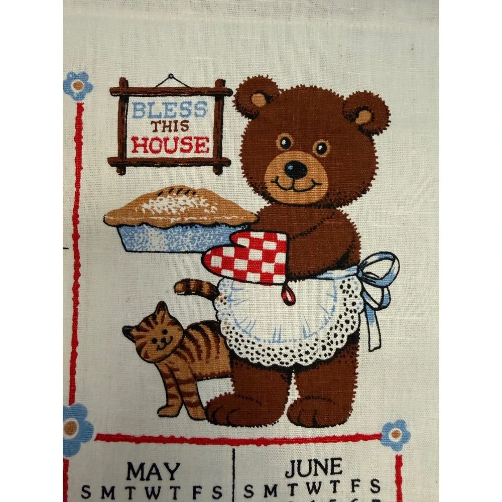 Vtg 1986 Bless This House Mama Papa Baby Bears Calendar Linen Tea‎ Towel